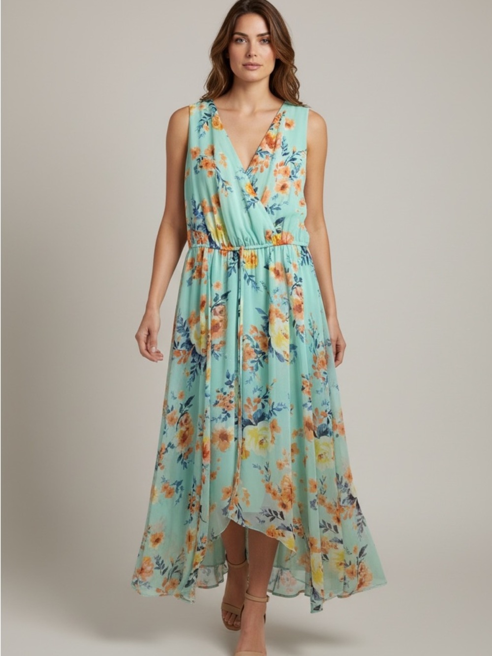 Stella & Julie Sleeveless Aqua Green and Orange Floral Midi Wrap Front Dress